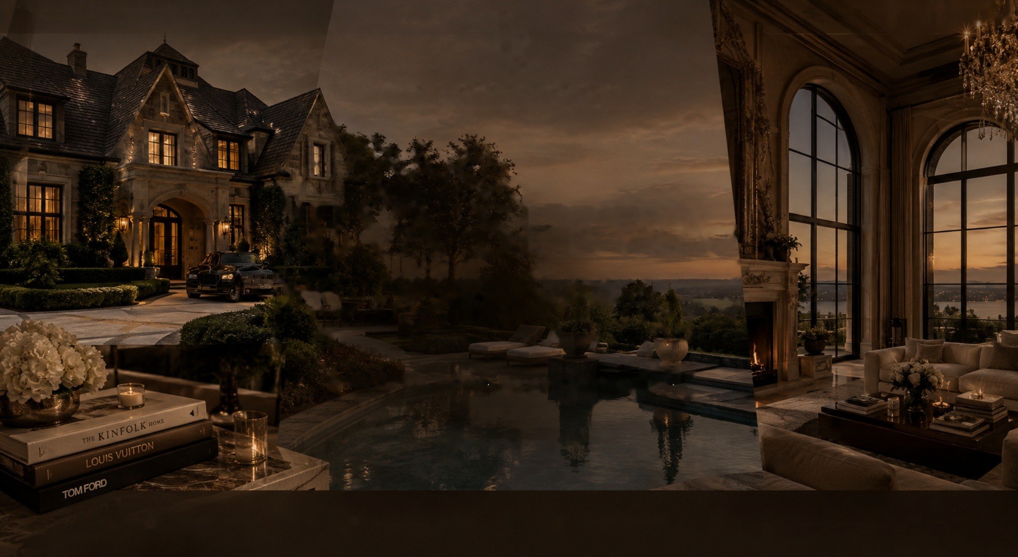 A stone estate at dusk with its windows lit, a pool reflecting the evening sky, and a candlelit salon with arched windows